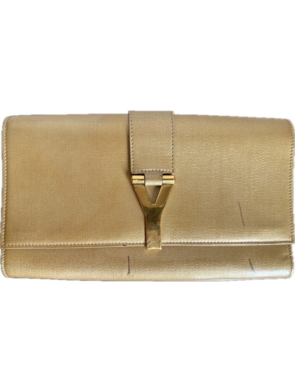 Saint Laurent Paris Classic Chyc Y Ligne Leather Clutch Bag Beige Tan Gold GHW
